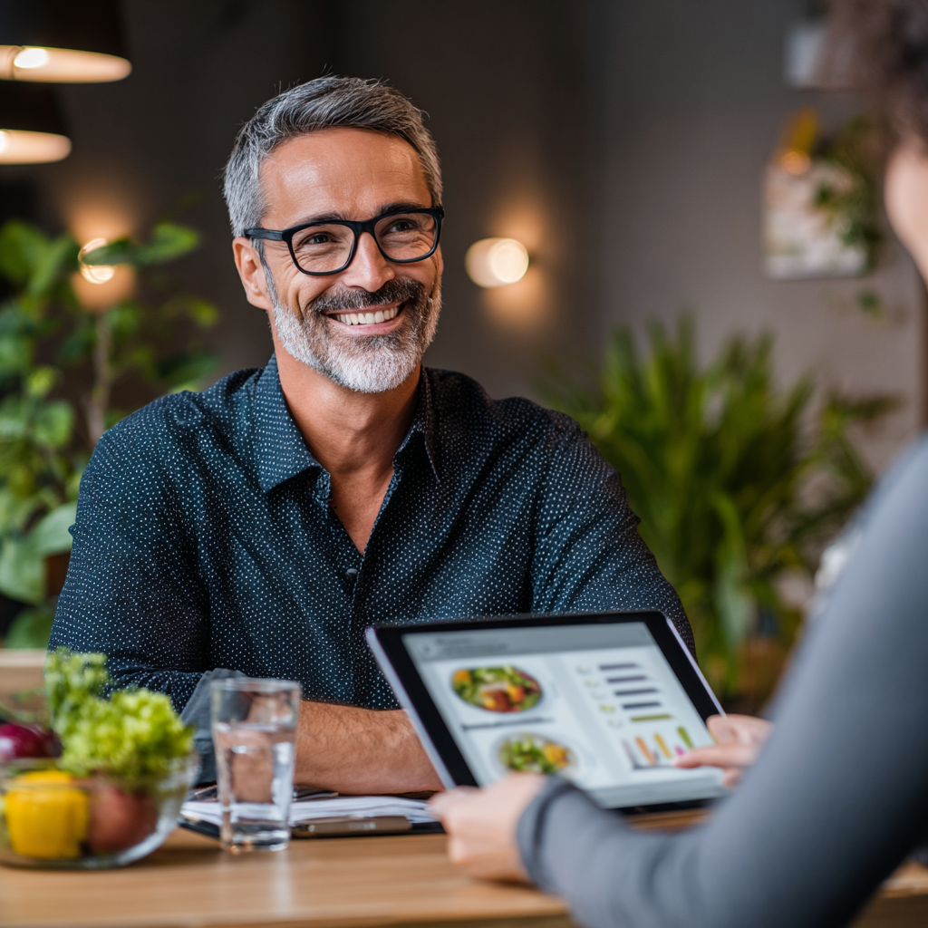 A professional-looking 50-year-old man in a smart casual shirt consulting with a nutrition specialist at a modern office desk, holding a tablet showing meal planning charts and healthy food options, warm professional lighting with plants in background