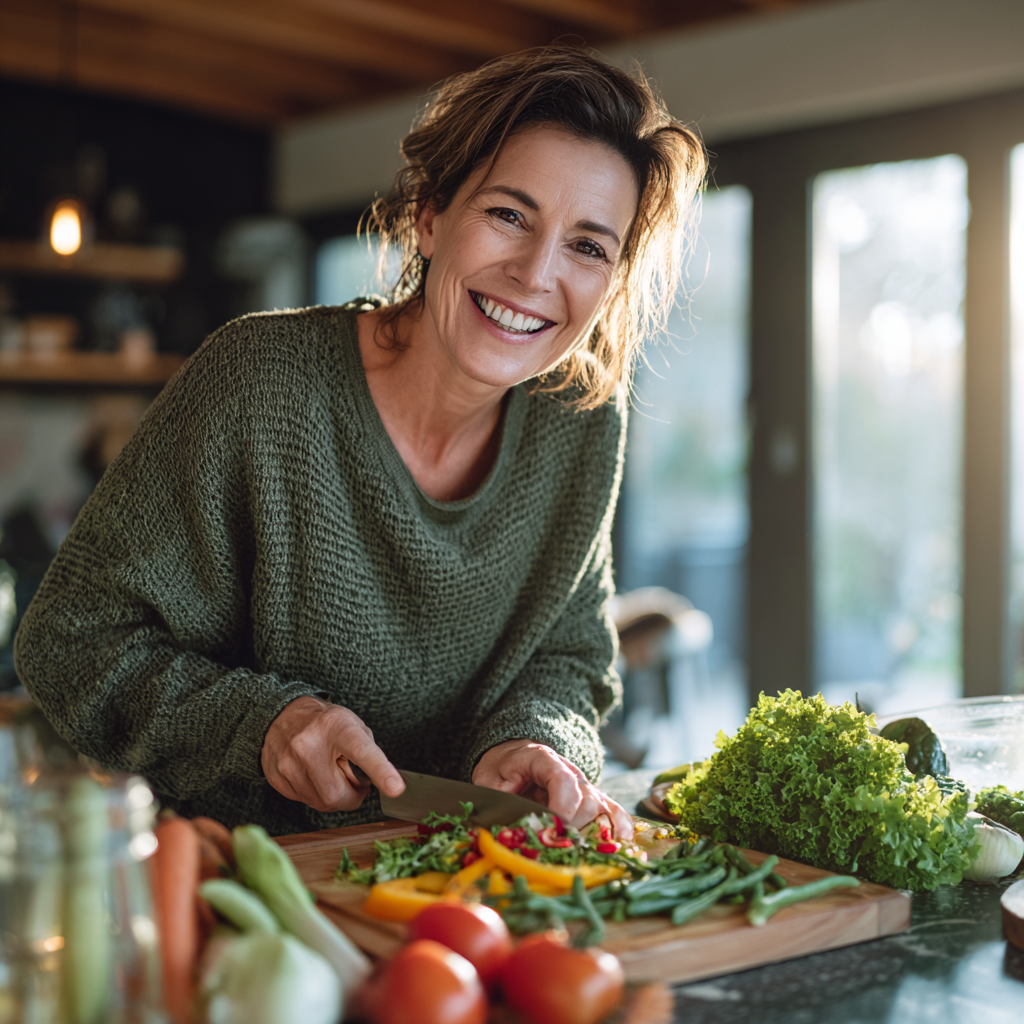 Healthy woman preparing salad